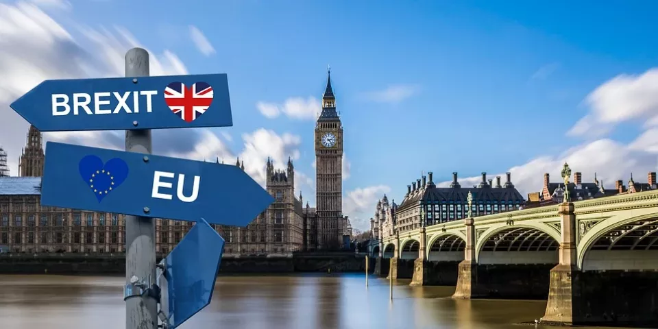 BREXIT wegwijzerbordjes met achtergrond londen