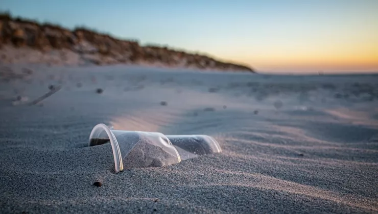 beker in zand op strand